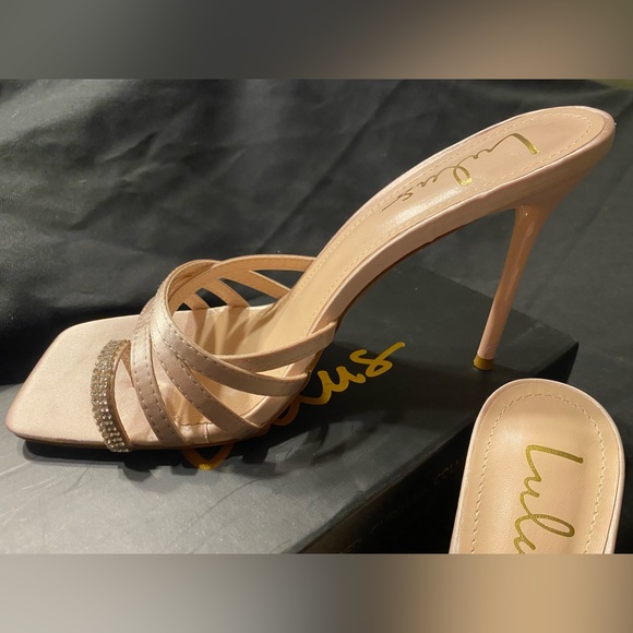 *NEW!* Lulus Juen Light Nude Satin Rhinestone High Heel Slide Sandals - Picture 4 of 6